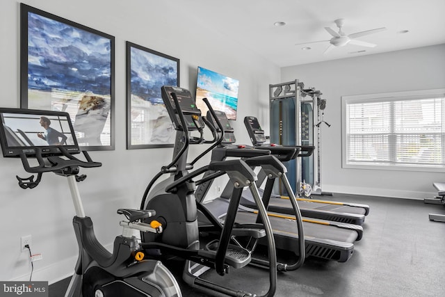 workout area with ceiling fan