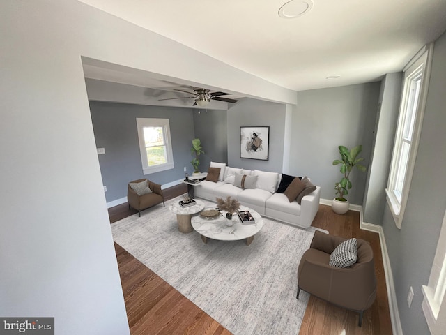 living room with ceiling fan and dark wood-type flooring