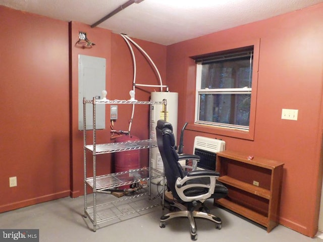 office area with electric panel and gas water heater