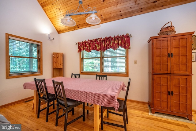 dining area featuring light hardwood / wood-style floors, wood ceiling, lofted ceiling, and plenty of natural light