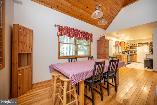 dining area featuring indoor bar, light hardwood / wood-style floors, high vaulted ceiling, and wooden ceiling