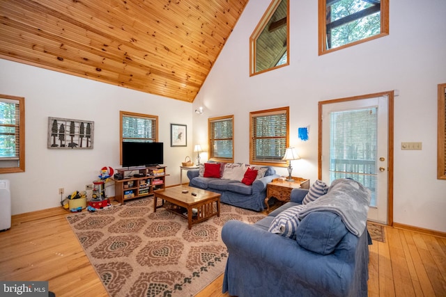 living room with light hardwood / wood-style flooring and high vaulted ceiling