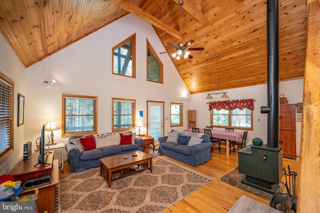 living room with ceiling fan, beamed ceiling, a wood stove, high vaulted ceiling, and hardwood / wood-style flooring