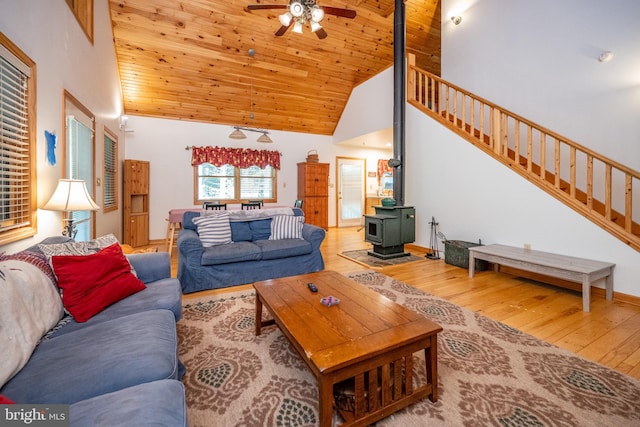 living room with high vaulted ceiling, a wood stove, wooden ceiling, ceiling fan, and hardwood / wood-style floors