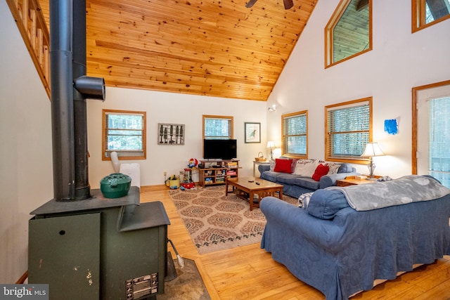 living room with high vaulted ceiling, a wood stove, hardwood / wood-style floors, and wood ceiling