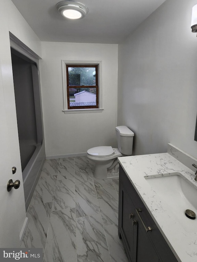 full bathroom with shower / bathtub combination, vanity, and toilet