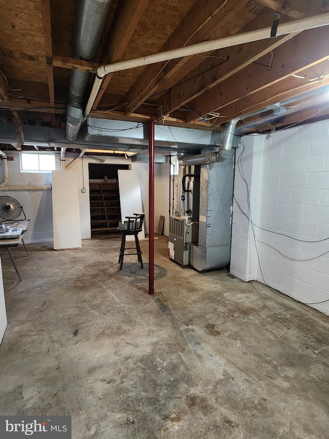 basement featuring heating unit