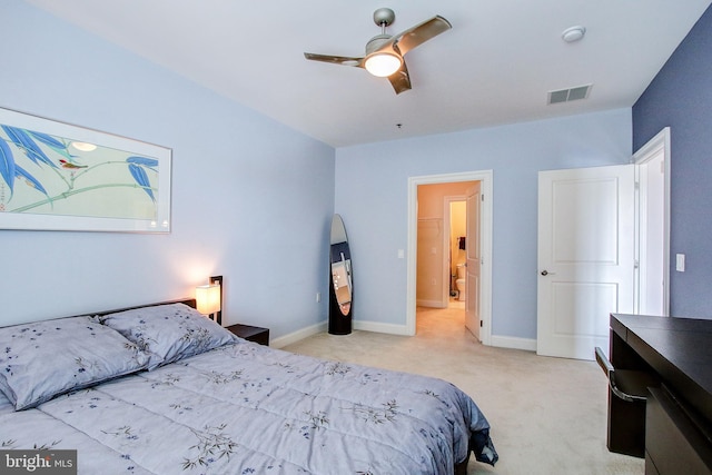 bedroom featuring ceiling fan and light colored carpet