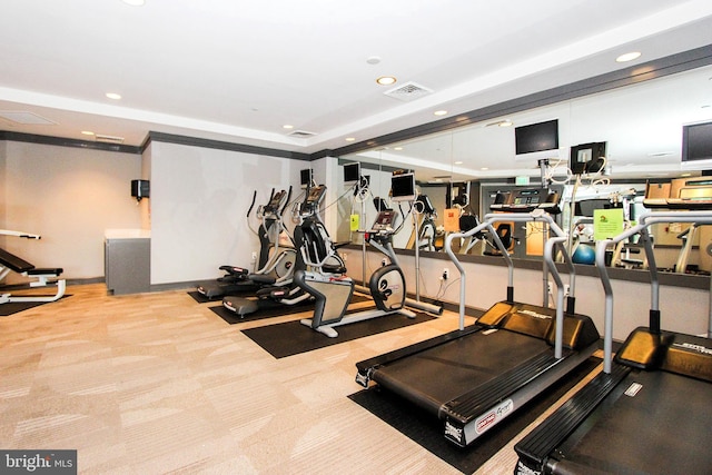 gym featuring light colored carpet