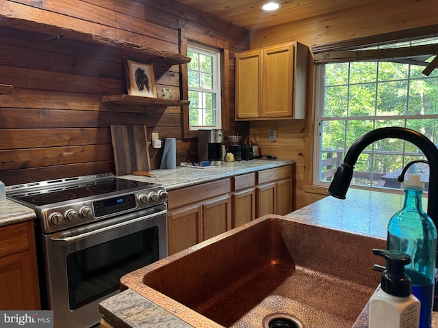 kitchen with wood ceiling, wood walls, sink, and stainless steel stove