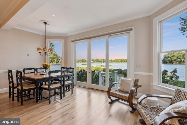 dining area with light hardwood / wood-style flooring, plenty of natural light, ornamental molding, and a water view