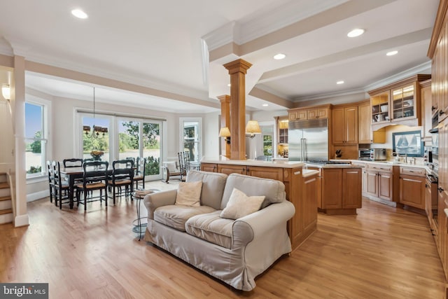 living room featuring ornamental molding, light wood-type flooring, and ornate columns