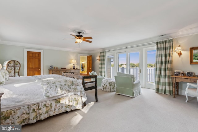 bedroom featuring access to exterior, ceiling fan, french doors, ornamental molding, and light colored carpet