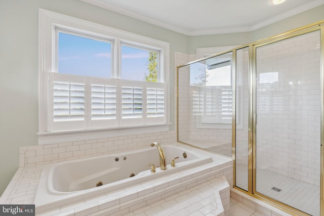 bathroom with tile patterned flooring, independent shower and bath, and crown molding