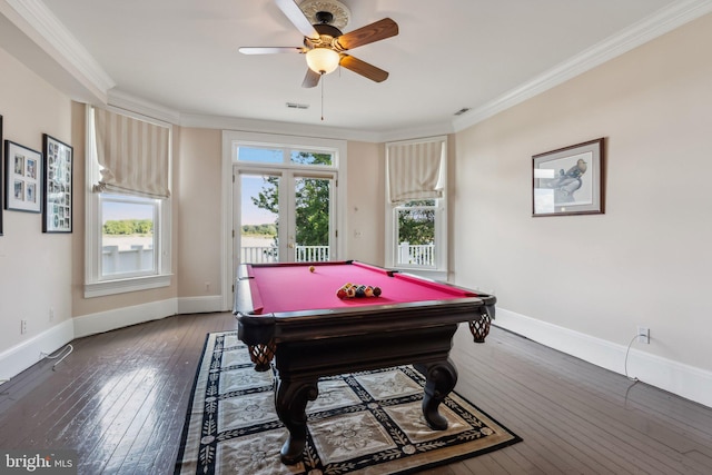 game room with ornamental molding, ceiling fan, dark hardwood / wood-style floors, and french doors