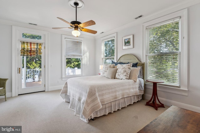 carpeted bedroom featuring ornamental molding, multiple windows, access to exterior, and ceiling fan