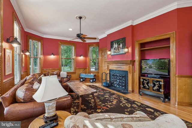 living room with ceiling fan, hardwood / wood-style flooring, and crown molding