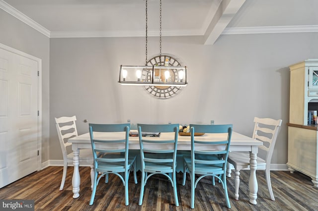 dining space featuring beam ceiling, ornamental molding, dark hardwood / wood-style floors, and an inviting chandelier