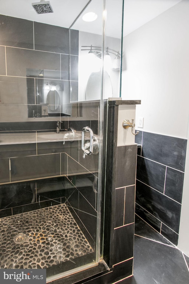 bathroom featuring a shower with shower door