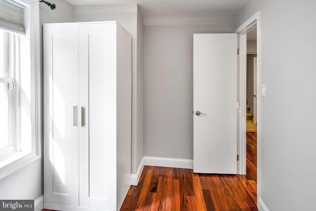 corridor featuring a healthy amount of sunlight and dark hardwood / wood-style floors