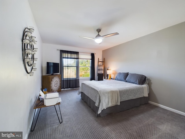 bedroom featuring dark carpet and ceiling fan