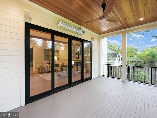 unfurnished sunroom featuring wooden ceiling and ceiling fan