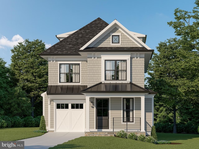 view of front of house with a garage, covered porch, and a front lawn