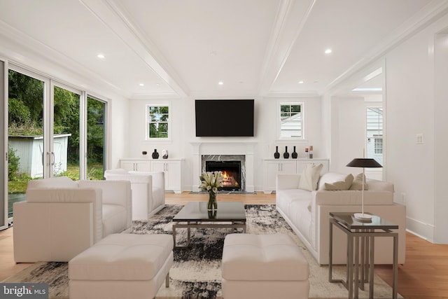 living room featuring light hardwood / wood-style floors, ornamental molding, a high end fireplace, and plenty of natural light