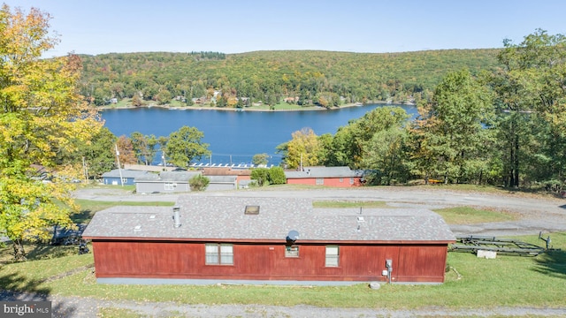 drone / aerial view featuring a water view