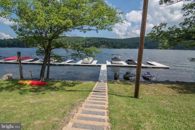 view of dock featuring a lawn and a water view