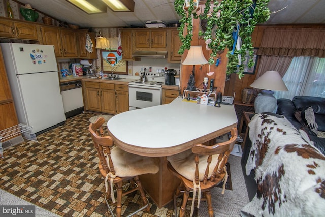 kitchen with dark colored carpet, sink, a paneled ceiling, white appliances, and extractor fan