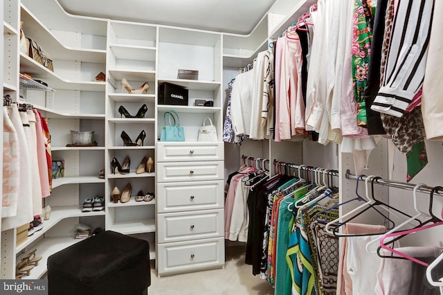 walk in closet with light colored carpet