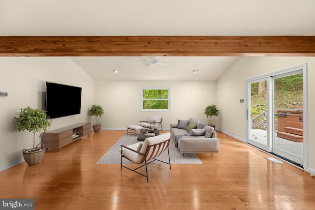 living room with vaulted ceiling with beams, plenty of natural light, light hardwood / wood-style flooring, and ceiling fan