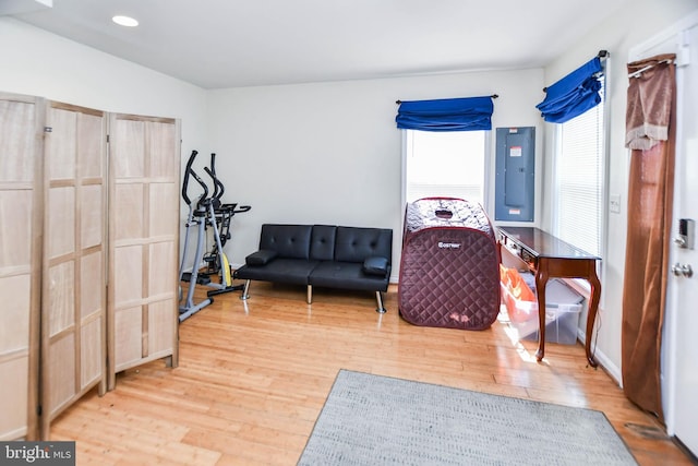 living area featuring electric panel and light hardwood / wood-style floors