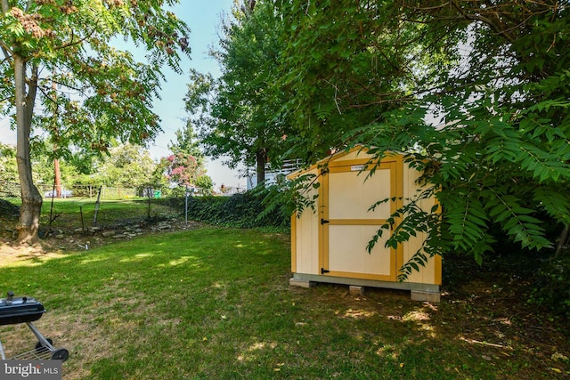 view of yard featuring a storage unit