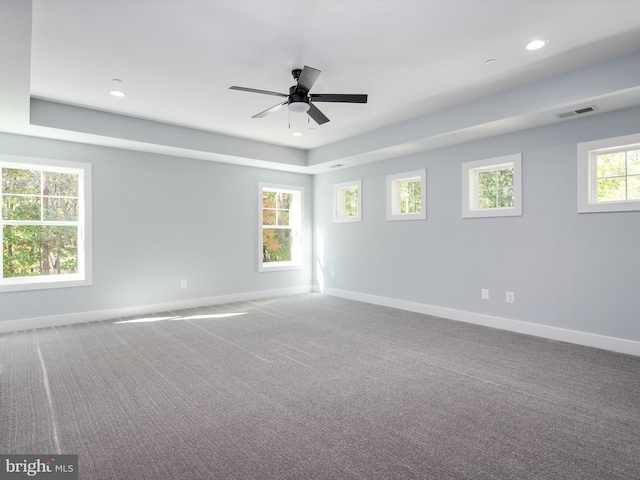 carpeted spare room with ceiling fan