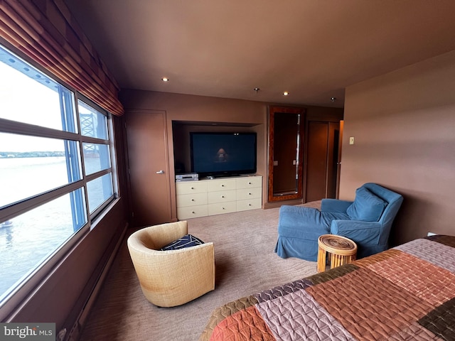 carpeted living room with a water view