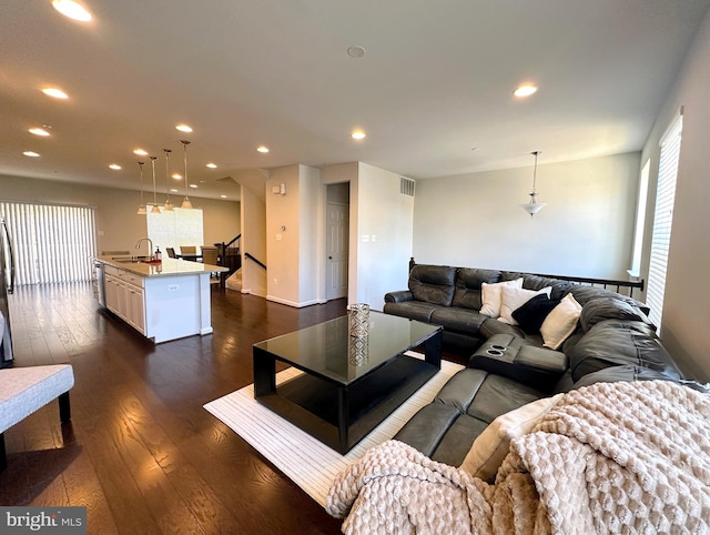 living room with dark hardwood / wood-style flooring and sink