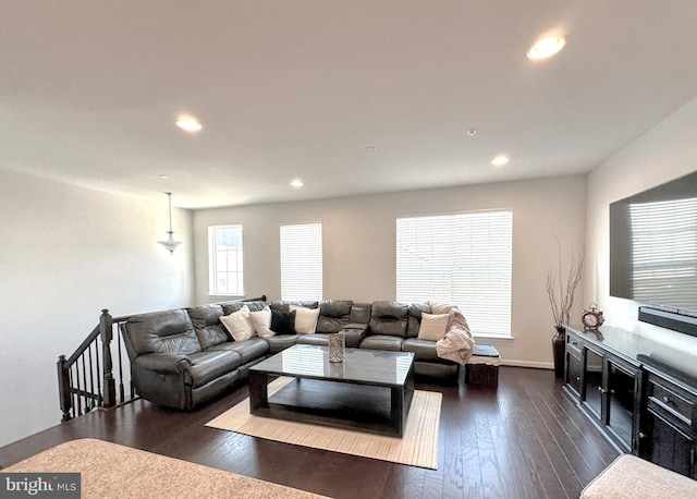 living room with dark wood-type flooring