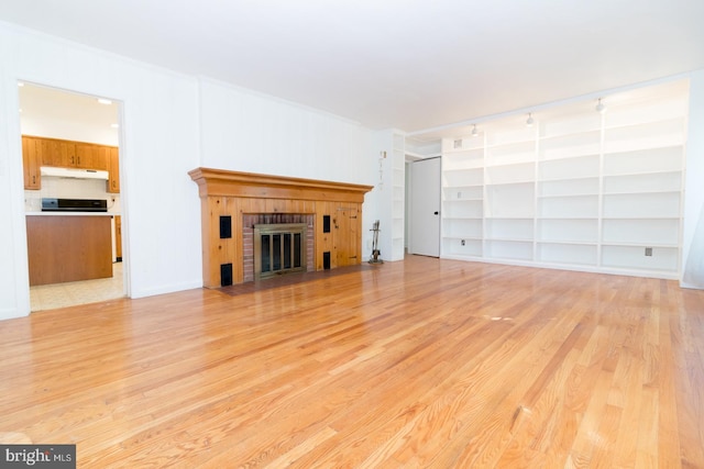 unfurnished living room featuring a fireplace, light hardwood / wood-style floors, and rail lighting