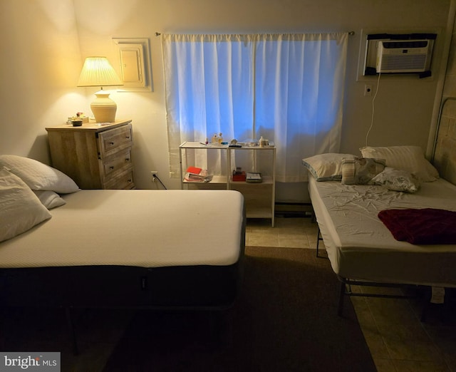 tiled bedroom with a wall unit AC