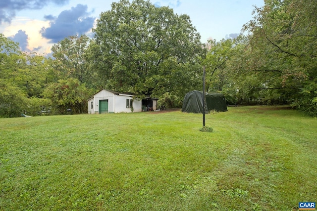 view of yard with a storage shed