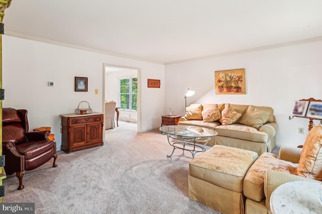 living room featuring light colored carpet and ornamental molding