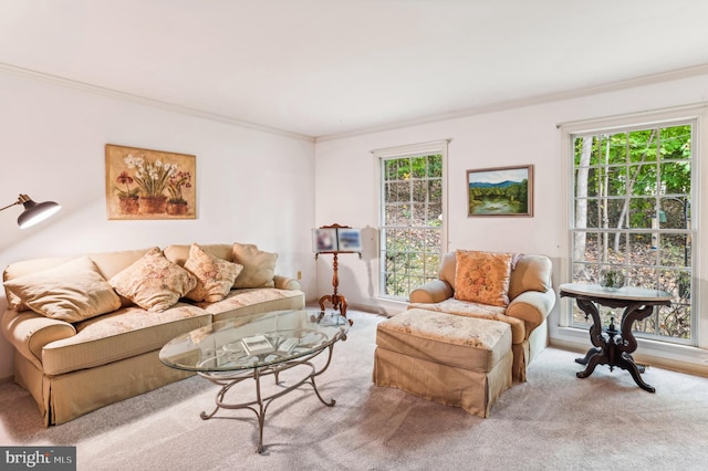 living room with light carpet, crown molding, and plenty of natural light