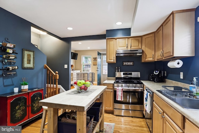 kitchen with light hardwood / wood-style floors and appliances with stainless steel finishes