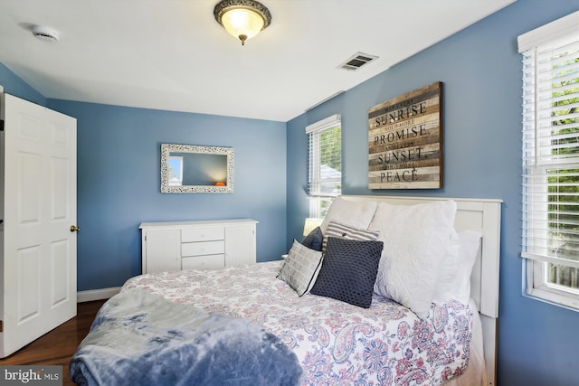 bedroom featuring multiple windows and dark hardwood / wood-style flooring