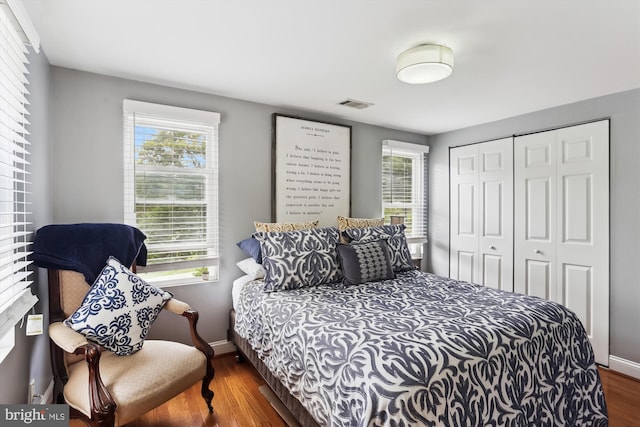 bedroom featuring multiple windows, hardwood / wood-style floors, and a closet