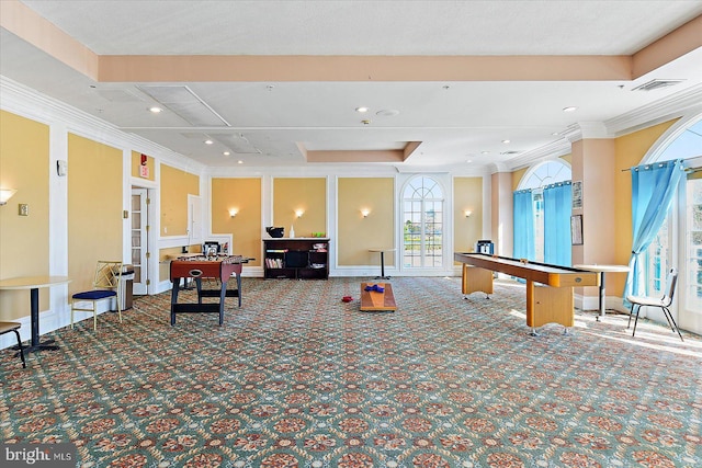 game room with crown molding, carpet, a tray ceiling, and billiards