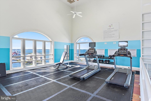 gym featuring wood-type flooring, a healthy amount of sunlight, a towering ceiling, and ceiling fan