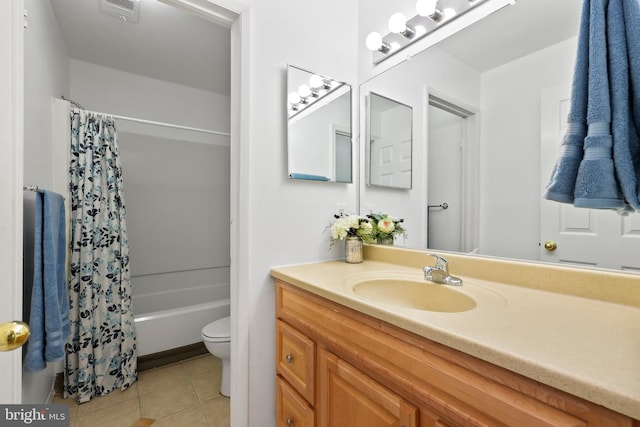 full bathroom with shower / tub combo, tile patterned flooring, vanity, and toilet